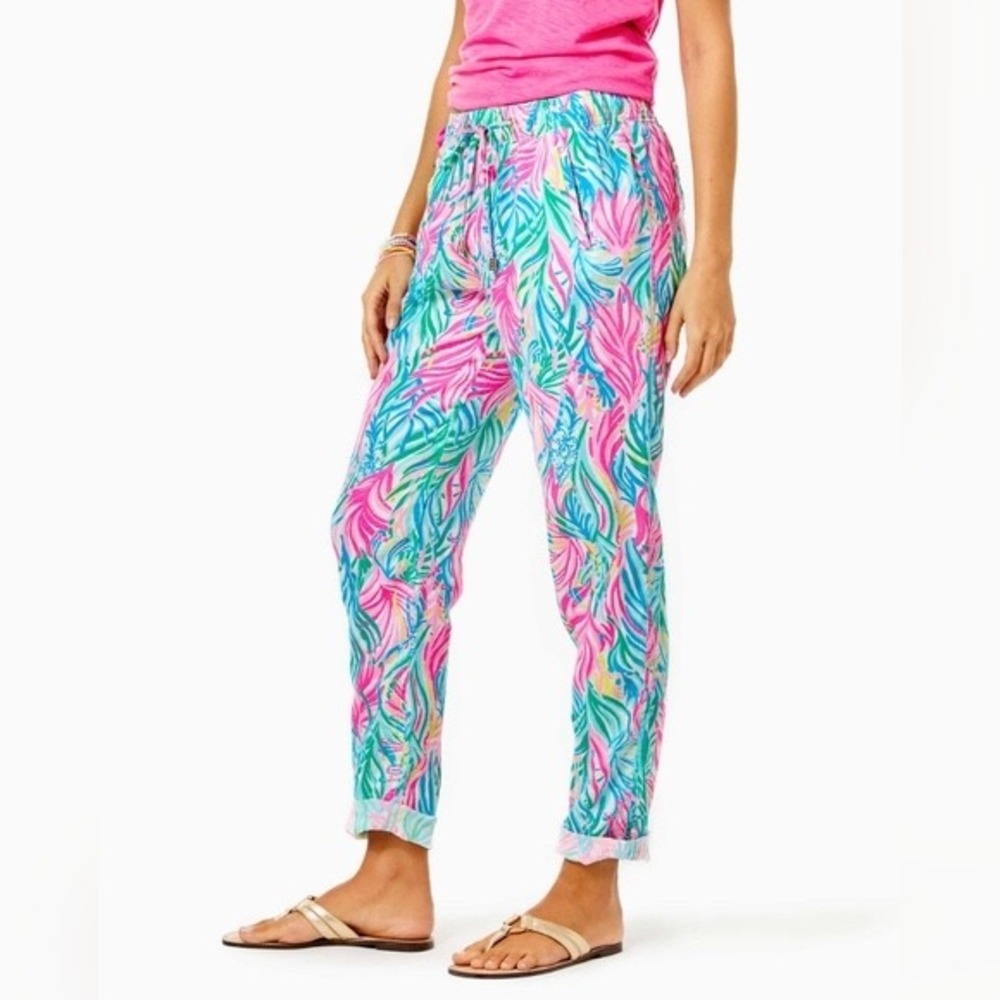 Lilly Pulitzer Taron Linen Pants Womens Small Pink Blue Tropical Print